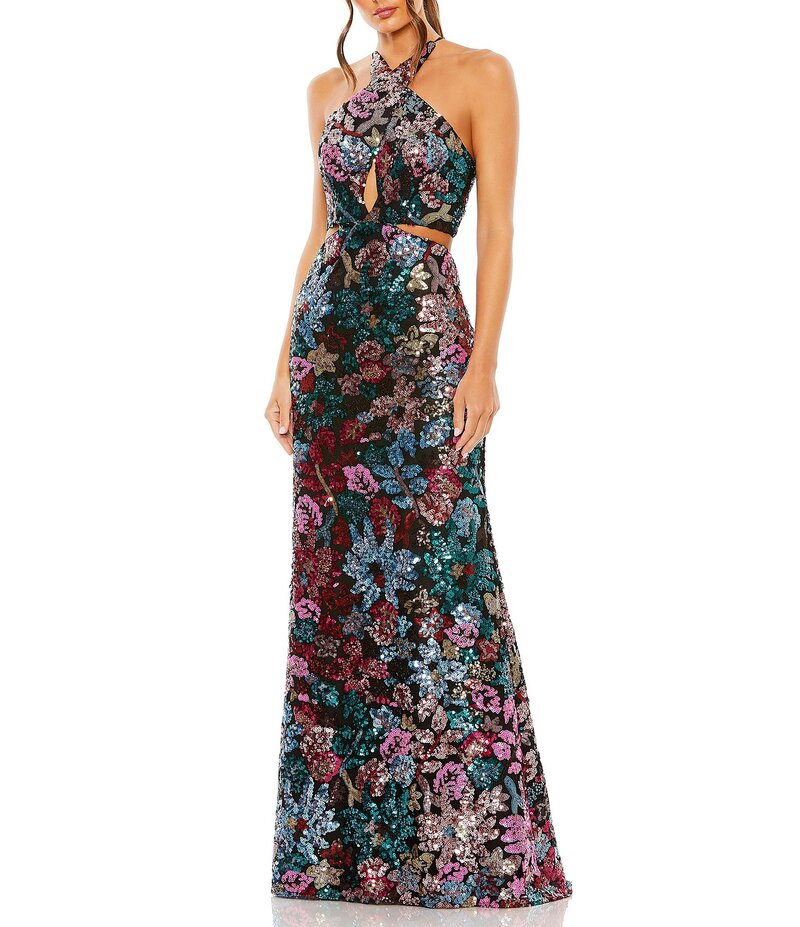 マックダガル レディース トップス ワンピース カットアウト スパンコール ノースリーブ ホルター Mac Duggal Criss Cross Halter Sleeveless Cut Out Embellished Sequin Sheath Gown Black Multi ブラック｜ReVida 店
