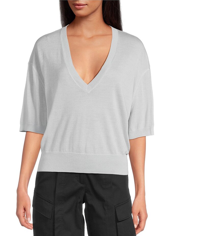 イロ レディース アウター ニット・セーター Vネック ウール セーター ニット IRO Knit V-Neck Wool Blend Elbow Sleeve Sweater Top Light Grey グレー
