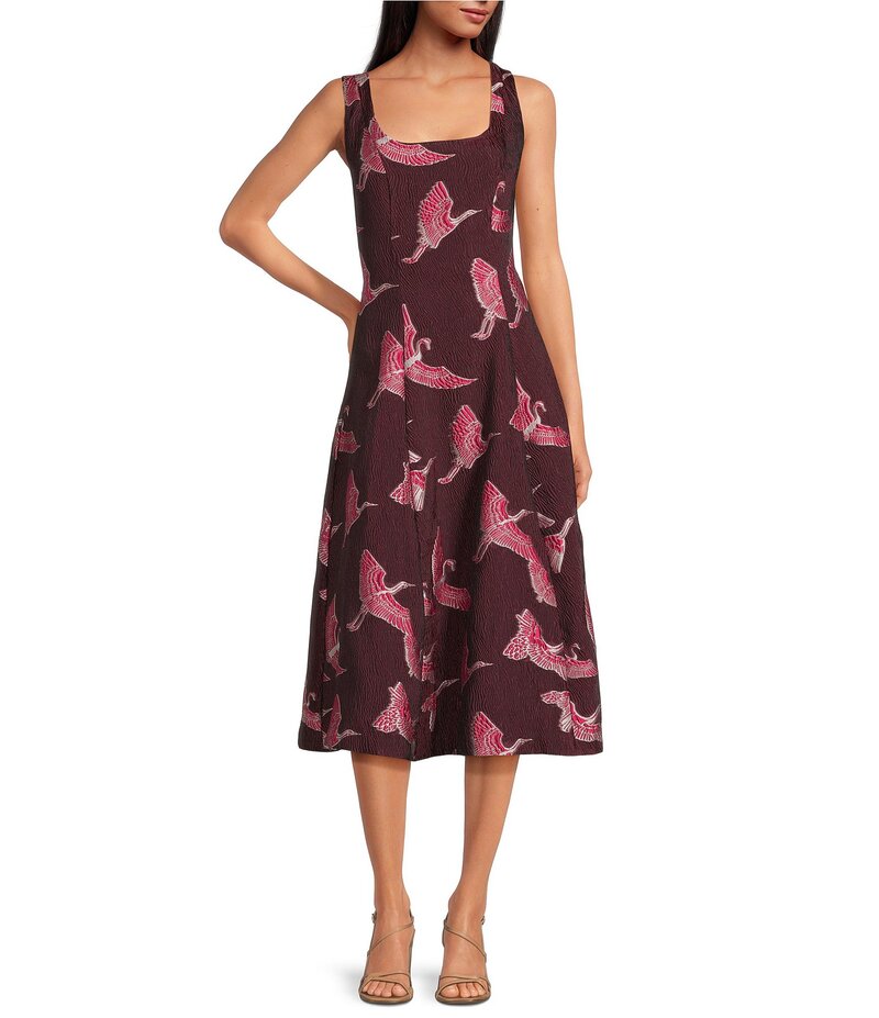 トリーナターク レディース トップス ワンピース A ライン ミディワンピース プリント ミディ ノースリーブ Trina Turk Valor Printed Jacquard Square Neck Sleeveless A-Line Midi Dress Kanpai Win