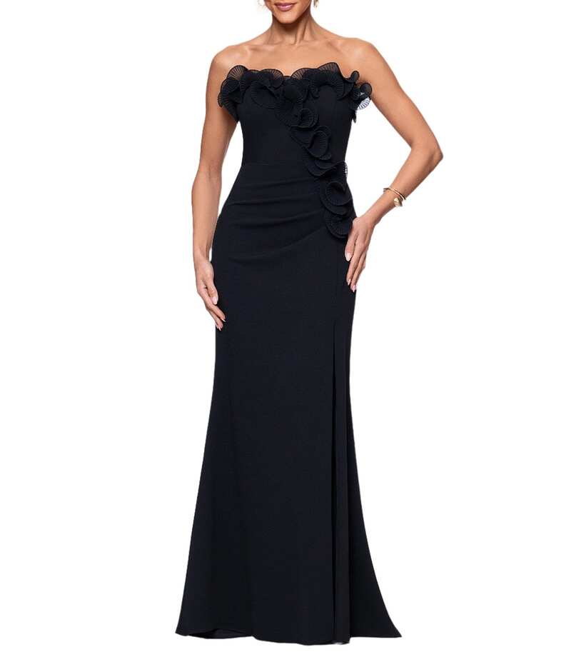 エスケープ レディース トップス ワンピース フリル ストラップレス ノースリーブ Xscape Strapless Flower Ruffle Sleeveless Gown Black ブラック|ReVida 店