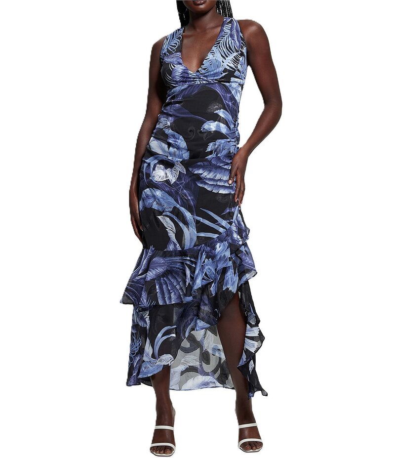 ゲス レディース トップス ワンピース Vネック アシンメトリー ノースリーブ Guess Ava Sleeveless V-Neck Asymmetric Hem Long Dress Blue ブルー