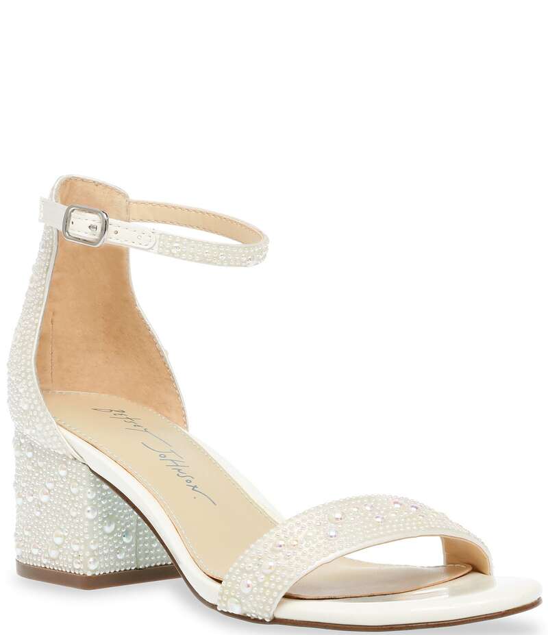 ベッツィジョンソン レディース シューズ サンダル アンクル ヒール Blue by Betsey Johnson Mari Pearl Embellished Ankle Strap Block Heel Dress Sandals White ホワイト