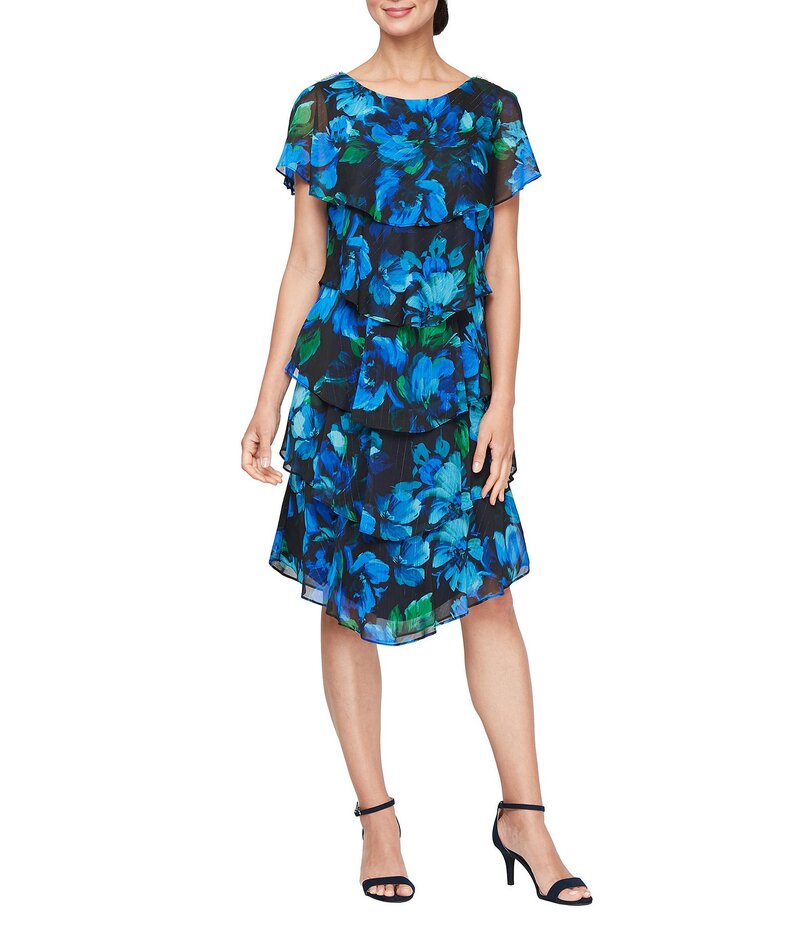 イグナイト レディース トップス ワンピース ティアード フラワー柄 プリント キャップ フラワー Ignite Evenings Short Caplet Sleeve Tiered Floral Print Dress Blue/Multi ブルー｜ReVida 店