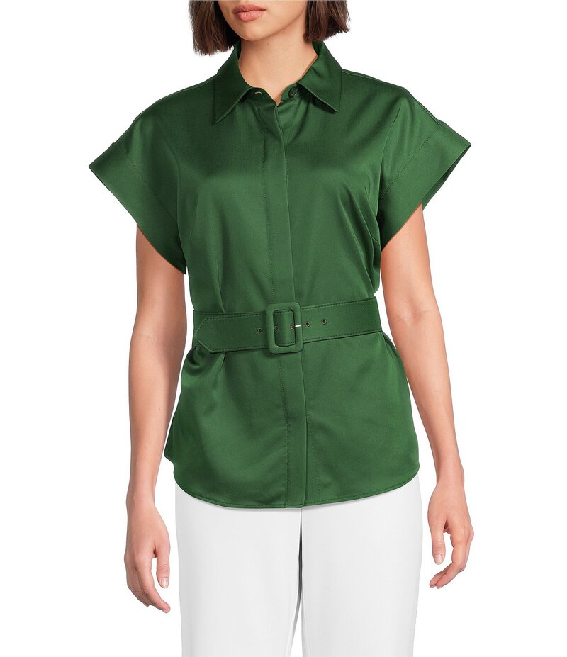 プレストンアンドヨーク レディース トップス シャツ ブラウス Preston & York Sasha Belted Short Sleeve Point Collar Blouse Artichoke