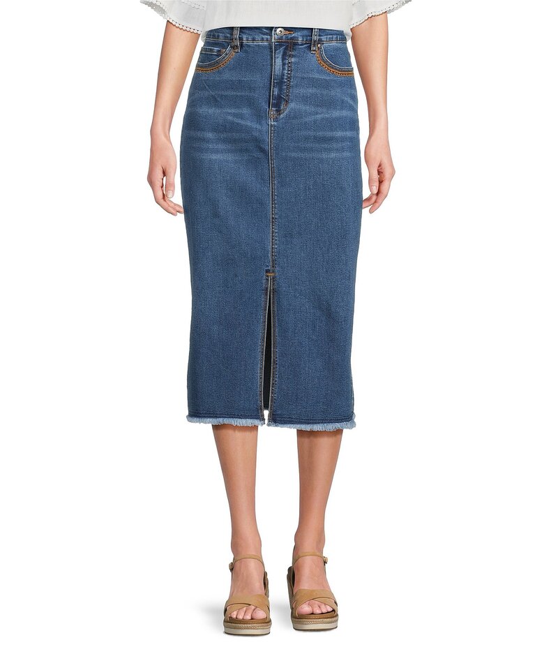 ジョン マーク レディース ボトムス スカート フロントスリット ミディ 刺繍 デニム John Mark Embroidered Front Slit Midi Denim Skirt Medium Denim デニム