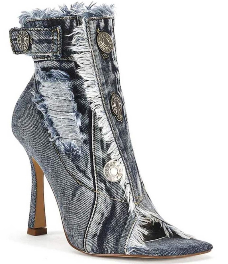アザレア ワン レディース シューズ ブーツ・レインブーツ デニム ブーツ Azalea Wang Tandy Distressed Denim Peep Toe Booties Denim デニム｜ReVida 店