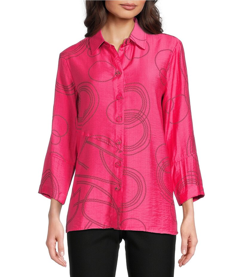 アリ マイルス レディース トップス シャツ プリント Ali Miles Woven Geometric Print Point Collar 3/4 Sleeve Button-Front Tunic Raspberry/Black ブラック