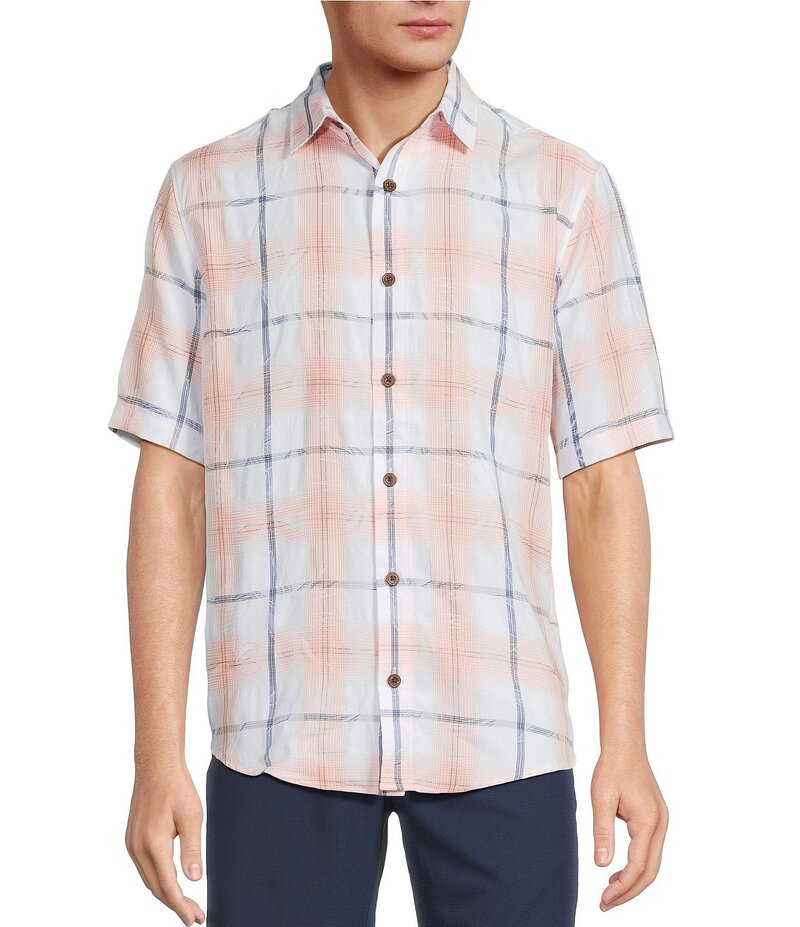 カリビアン メンズ トップス シャツ Caribbean Plaid Textured Short Sleeve Woven Shirt Peach ピーチ