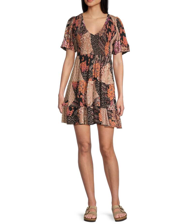 アンジー レディース トップス ワンピース Vネック ティアード Angie Mixed-Media V-Neck Short Sleeve Tiered Dress Black ブラック｜ReVida 店