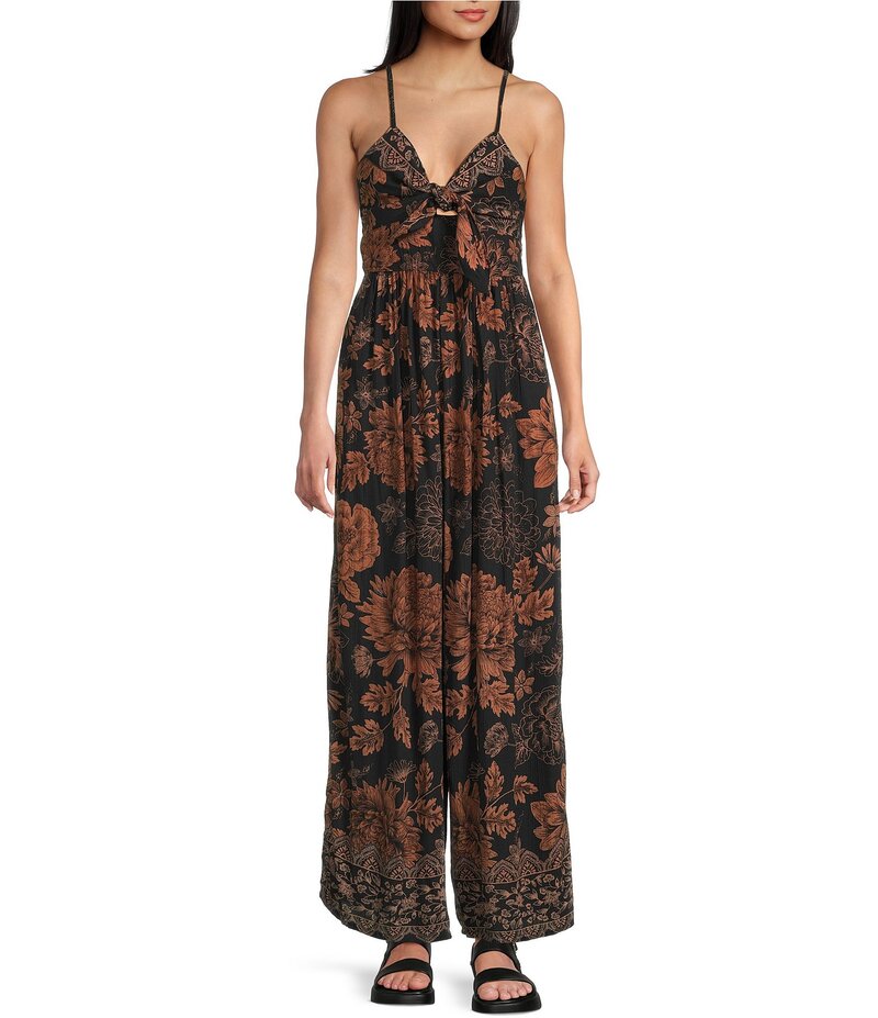 アンジー レディース トップス ジャンプスーツ ワイドレッグ プリント ノースリーブ Angie Sleeveless Border Print Keyhole Knot Front Wide Leg Jumpsuit Black ブラック