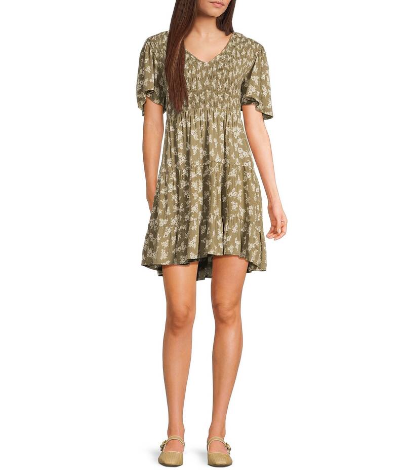 アンジー レディース トップス ワンピース Vネック ティアード フラワー柄 プリント フラワー Angie Floral Print V-Neck Short Sleeve Tiered Dress Olive オリーブ｜ReVida 店 12,586円