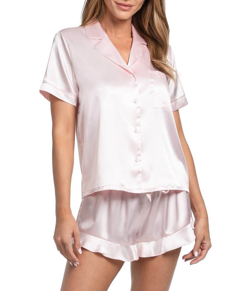 インブルーム レディース アンダー御召しもの ナイト爵御召しもの フラウンス 繻子 In Bloom By Jonquil Satin Short Sleeve Notch Collar Button-Front Shorty Ruffled Pajama Set Rose Quartz