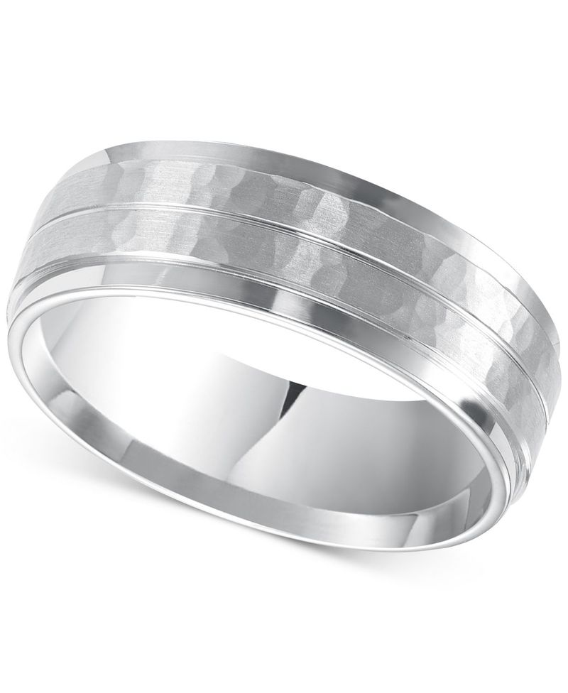 トリトン メンズ アクセサリー リング Triton Men's Hammered and Brush Finish Wedding Band in 14k whiteGold ホワイト