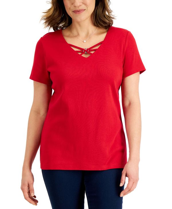 Waribiki ケレンスコット レディース シャツ トップス Women\\'s Cotton Crisscross V-Neck Top,  Created for Macy\\'s New Red Amore 男女兼用