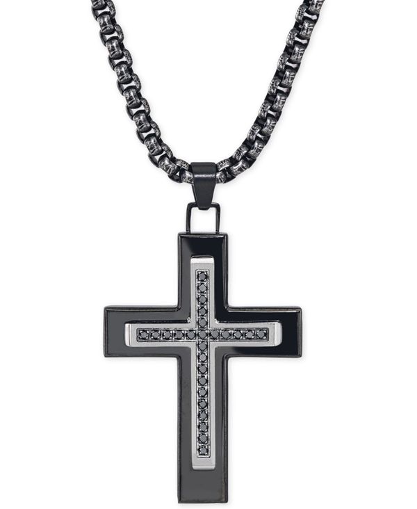 エスクァイア メンズ アクセサリー ネックレス・チョーカー・ペンダントトップ Tシャツ レース Esquire Men's Jewelry Black Diamond (1/4 ct. t.w.) Cross Necklace IP over Stainless Steel Black ブラック