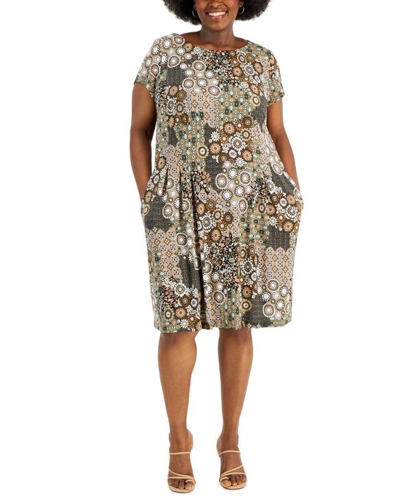 コネクテッド レディース ワンピース トップス Plus Size Printed Fit Flare Dress Khaki 【90％OFF】