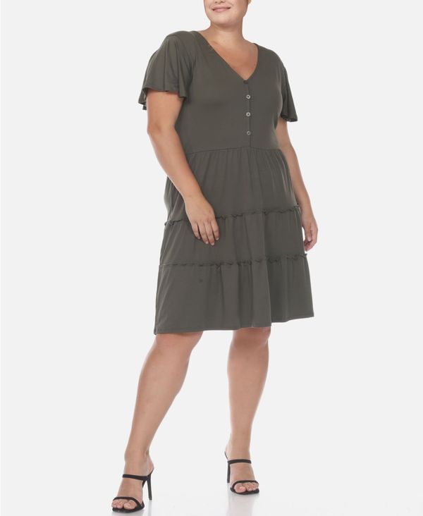 ホワイトマーク レディース トップス ワンピース Vネック ティアード ミディワンピース プラスサイズ ミディ White Mark Plus Size Short Sleeve V-neck Tiered Midi Dress Olive オリーブ|ReVida 店