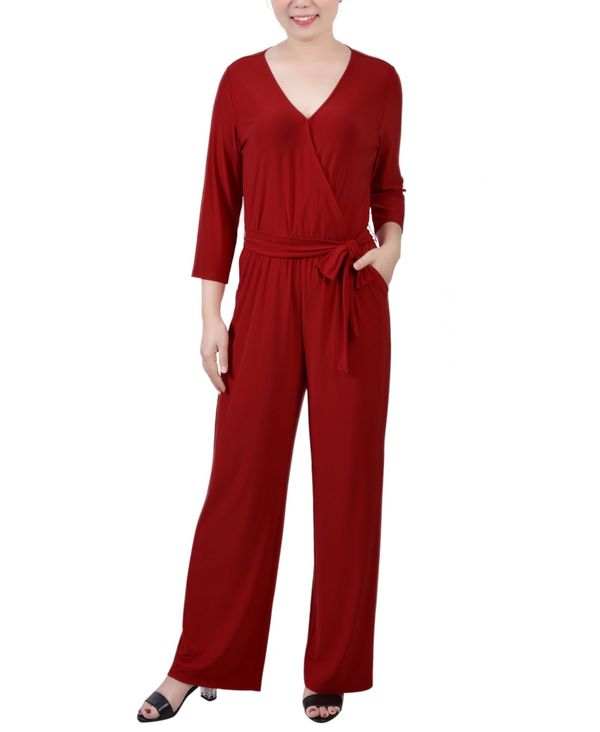 ニューヨークコレクション レディース ボトムス カジュアルパンツ ジャンプスーツ NY Collection Women's 3/4 Sleeve Belted Jumpsuit Wine ワイン