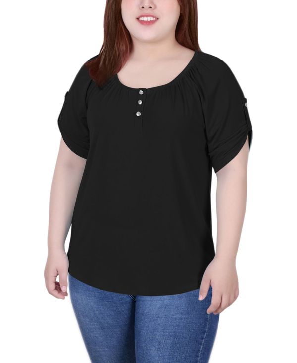 ニューヨークコレクション レディース シャツ トップス Plus Size Short Sleeve Round Neck Henley Top  Black 市場