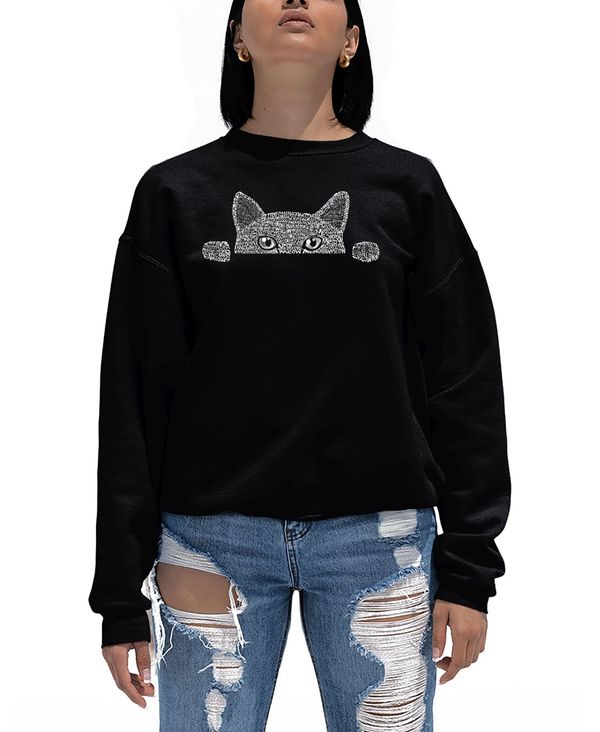 エルエーポップアート レディース トップス シャツ クルーネック スウェット LA Pop Art Women's Word Art Peeking Cat Crewneck Sweatshirt Black ブラック|ReVida 店