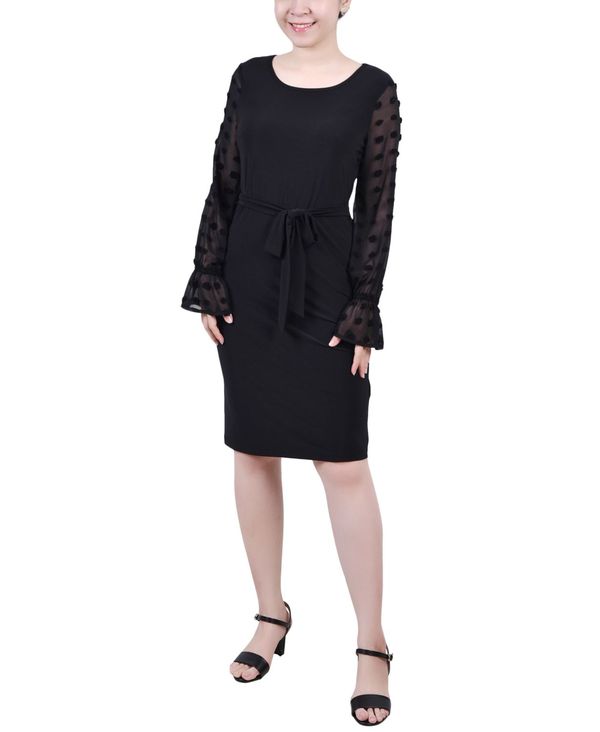 ニューヨークコレクション レディース トップス ワンピース シフォン プチ ニット NY Collection Petite Long Chiffon-Sleeve Knit Dress Black ブラック