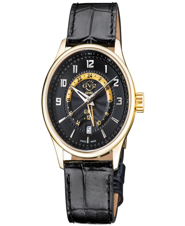ジェビル メンズ アクセサリー 腕時計 レザー Gevril Men's Giromondo Swiss Quartz Black Genuine Leather Strap Watch 42mm Gold-Tone ゴールド