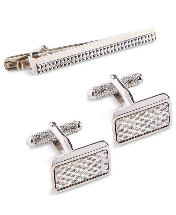 ペリーエリス メンズ 佩び物 カフスリンク 編み物 Perry Ellis Portfolio Knitting Cuff Links \u0026 Tie Bar Set Silver しろがね色