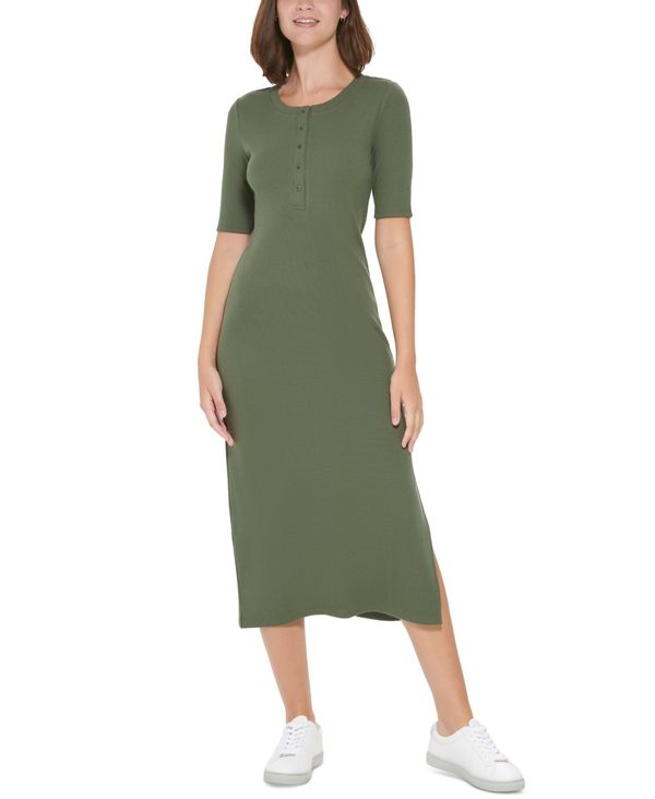 カルバンクライン レディース ワンピース トップス Women's Henley Ankle Length Ballet Sleeve Dress Thyme