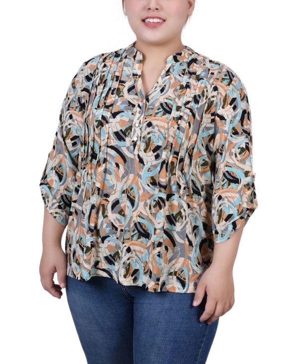 ニューヨークコレクション レディース シャツ トップス Plus Size 3 4 Roll Tab Sleeve Y-Neck Top Multi Abstract
