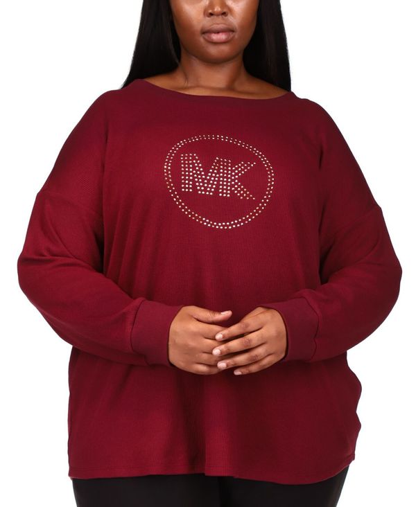 マイケルコース レディース シャツ トップス Plus Size Rhinestone Logo Waffle-Knit T-shirt Dark Ruby