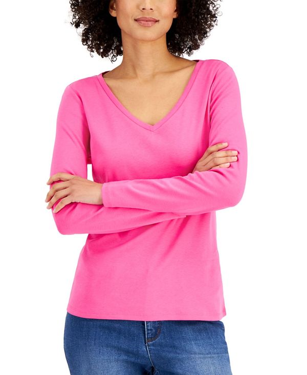 2244円 21年激安 チャータークラブ レディース シャツ トップス Cotton Long Sleeve V Neck T Shirt Created For Macy S Pink Shock
