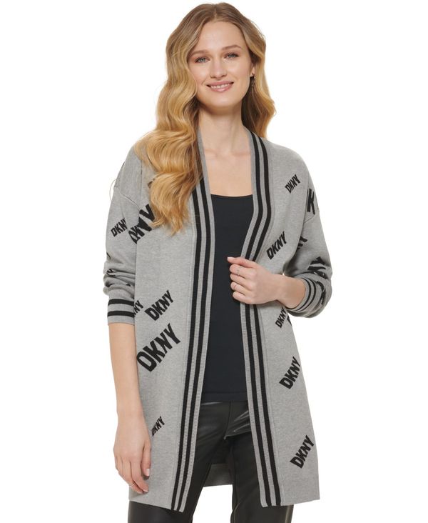 ダナ キャラン ニューヨーク レディース ニット セーター アウター Women's Striped Logo-Graphic Open-Front  Cardigan Flint Heather black 選択