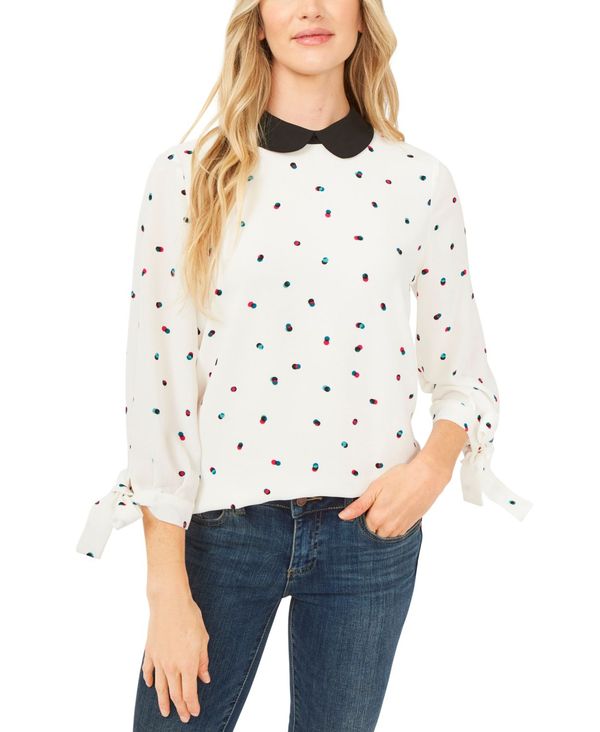 セセ レディース シャツ トップス Dot-Print Collared Tie-Sleeve Blouse Soft Ecru