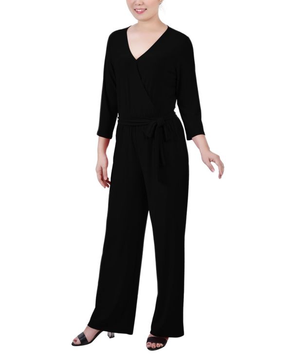 ニューヨーク州寄せあわせ レディース ボトムス 心地好いズボン下 飛び降りる背広 NY Collection Women\u0027s 3/4 Sleeve Belted Jumpsuit Black 黒いこと パンツ-レディースファッション