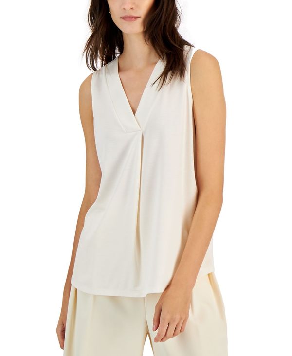 アンクライン レディース トップス シャツ Vネック ノースリーブ Anne Klein Women's Sleeveless Pleat-Front V-Neck Top Anne White ホワイト