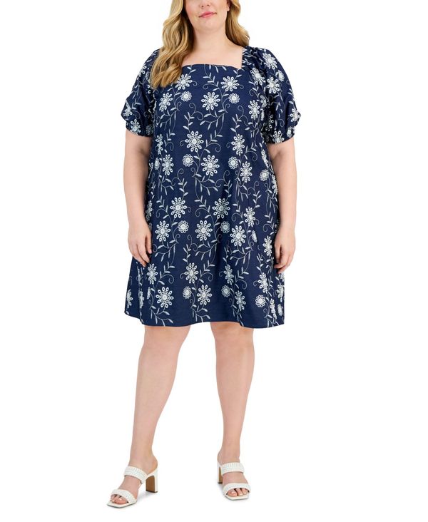 アンクライン レディース ワンピース A-Line Klein Dress Size Plus White Embroidered Anne トップス Cotton Wash