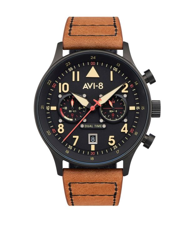 アヴィエイト メンズ アクセサリー 腕時計 レザー AVI-8 Men's Hawker Hurricane Carey Dual Time Debden Brown Genuine Leather Strap Watch 43mm Brown ブラウン