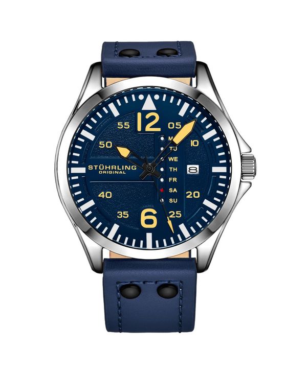 ストゥーリング メンズ 付属品 ウオッチ なめし革 Stuhrling Men\u0027s Aviator Blue Leather Blue Dial 51粍 Round Watch Blue 青み
