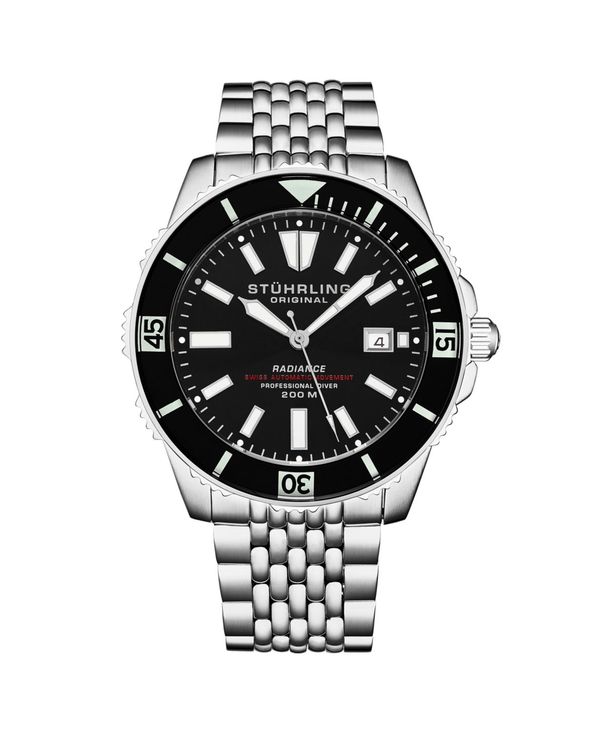 ストゥーリング メンズ アクセサリー 腕時計 Tシャツ Stuhrling Men's Depthmaster Silver-tone Stainless Steel Black Dial 43mm Round Watch Silver-tone シルバー