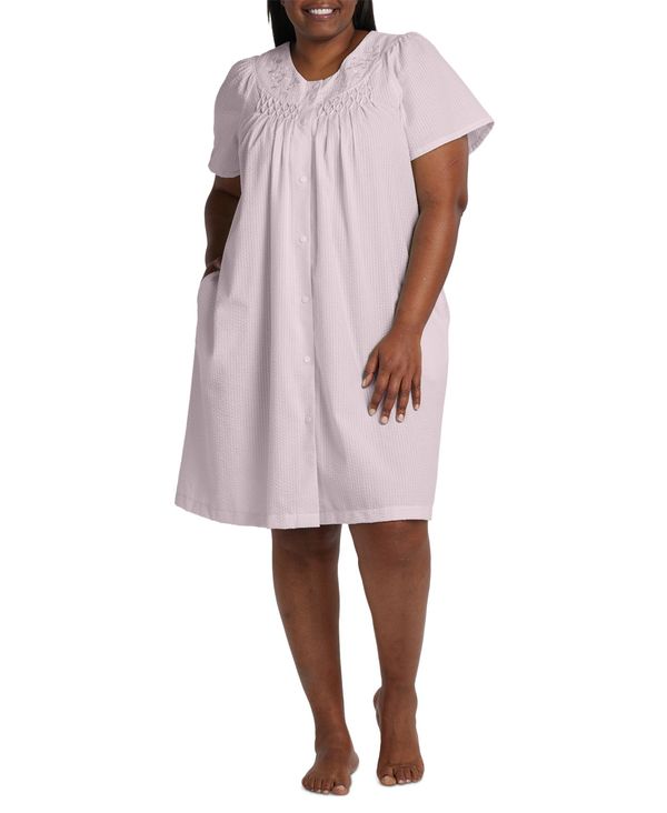 ミス エレーン レディース アンダーウェア ナイトウェア プラスサイズ Miss Elaine Plus Size Snap-Front Short Seersucker Robe 650 Pink ピンク｜ReVida 店