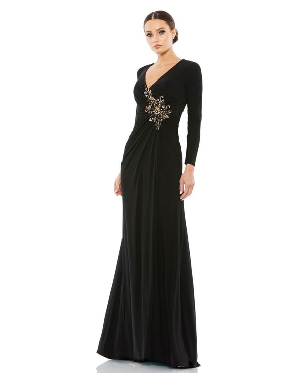 マックダガル レディース トップス ワンピース Mac Duggal Women's Faux Wrap Long Sleeve Gown w/ Applique Detail Black ブラック｜ReVida 店 64,240円