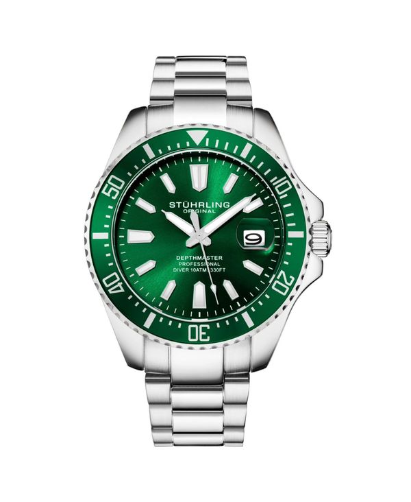 ストゥーリング メンズ アクセサリー 腕時計 Tシャツ Stuhrling Men's Aquadiver Silver-tone Stainless Steel Green Dial 42mm Round Watch Silver-tone シルバー