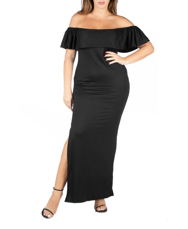 24 セブンコンフォート レディース トップス ワンピース マキシワンピース プラスサイズ フリル マキシ 24seven Comfort Apparel Plus Size Ruffle Off The Shoulder Maxi Dress Black ブラック