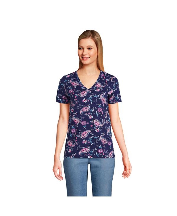 ランズエンド レディース トップス シャツ Vネック Tシャツ コットン Lands' End Women's Relaxed Supima Cotton Short Sleeve V-Neck T-Shirt Deep sea navy paisley floral ネイビー