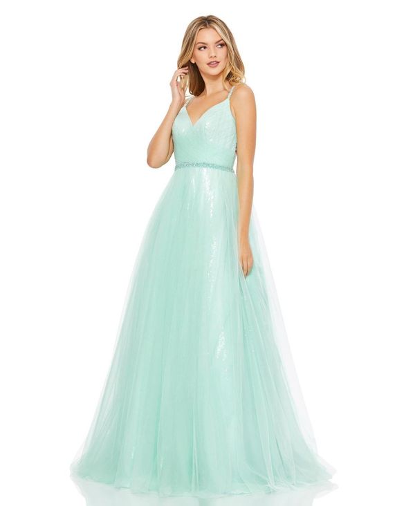 マックダガル レディース トップス ワンピース Vネック メッシュ Mac Duggal Women's V Neck Mesh Back Detail Ball Gown Mint ミント|ReVida 店