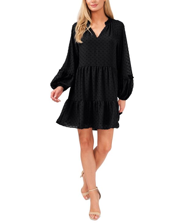 セセ レディース トップス ワンピース Vネック フリル CeCe Women's Long Sleeve V-Neck Ruffled Clip-Dot Dress Rich Black ブラック|ReVida 店
