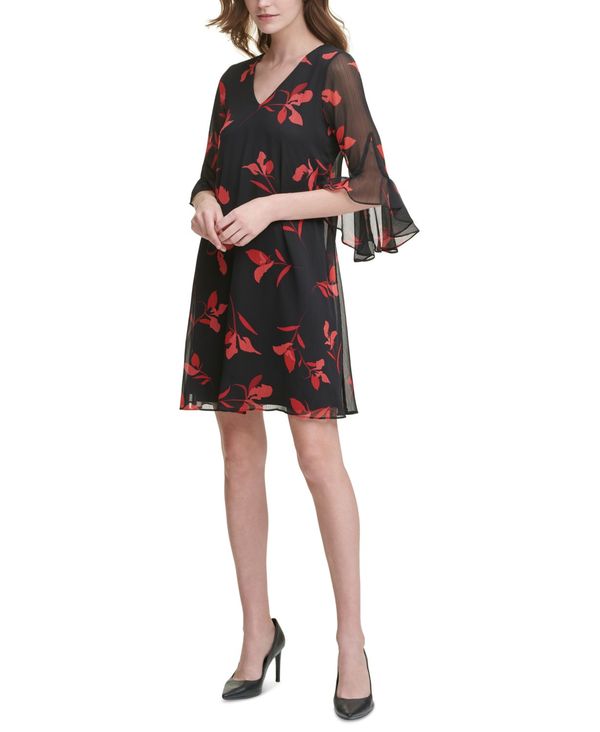 魅力的な カルバンクライン レディース ワンピース トップス Printed Chiffon Dress Red Multi 新発 Lekasterlinden Be