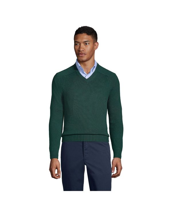 ランズエンド メンズ アウター ニット・セーター Vネック セーター コットン Lands' End Men's School Uniform Cotton Modal V-neck Sweater Evergreen｜ReVida 店