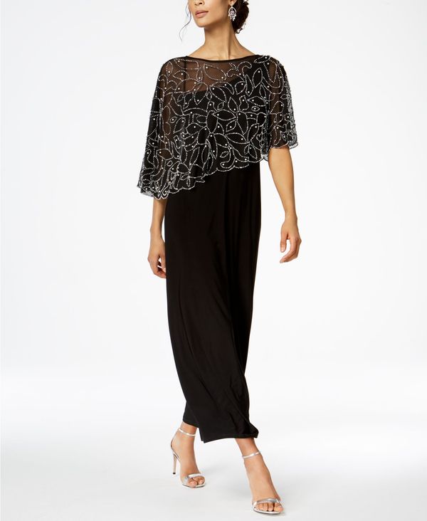 ミスク レディース トップス ワンピース ケープデザイン キャップ ケープ ニット ジャージー MSK Women's Boat-Neck Embellished-Cape Jersey-Knit Gown Black ブラック