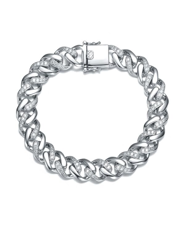 ジュネヴィヴェ メンズ アクセサリー ブレスレット・バングル・アンクレット Genevive Bold Men's White Gold Plated Curb Chain Bracelet with Iced Out Cubic Zirconia in Sterling Silver シルバー